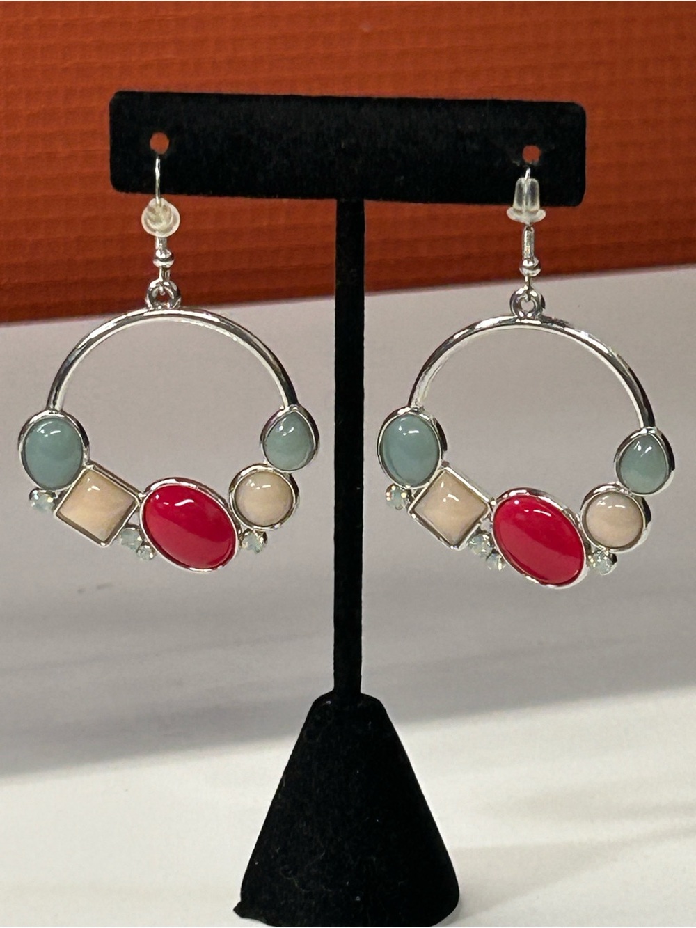 Silver Hoop Earrings with Pink, Green and Cream Stones